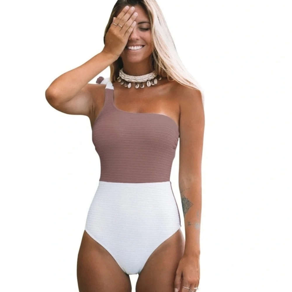 Cupshe One-Shoulder Brown and White Swimsuit No Tags